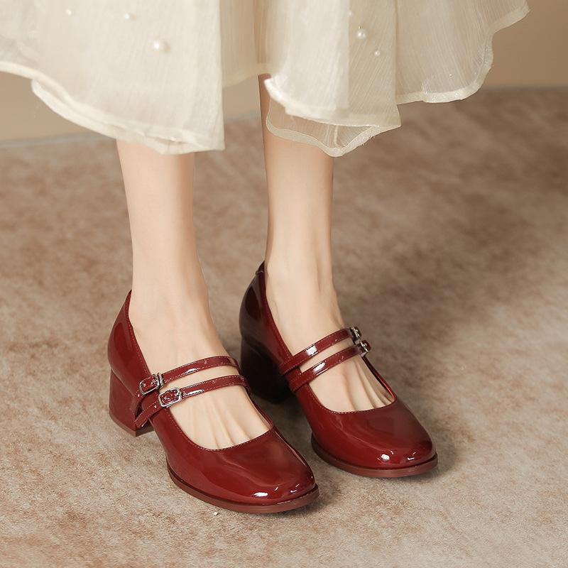 Mary Jane Shoes Women Block Heel Patent Leather Black Shoes