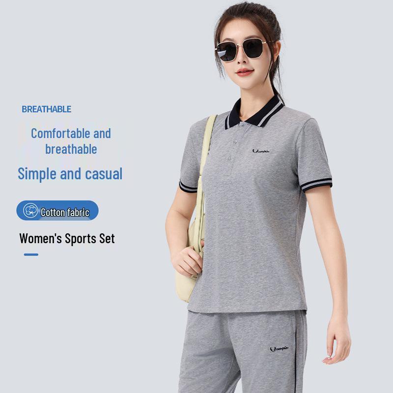 Women's Summer Lapel Casual Sports Suit - Plus Size, Short Sleeve, Slimming Two-Piece with Long Pants.