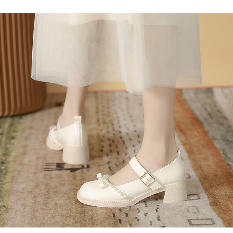 

Женские туфли Мэри Джейн на высоком каблуке, новые маленькие туфли из маленькой кожи на толстой подошве, с бантом для юбки и жемчужной отделкой, одинарные туфли 35
