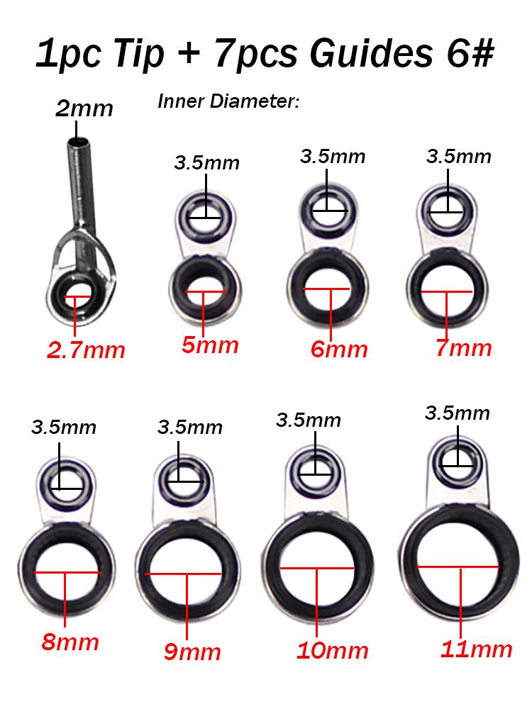 

8pcs Mixed Size Fishing Rod Guide Rings 5/6/7/8/9/10/11mm Professional Repair Kit for Rock Telescopic Sea Fishing Pole Replacement Accessories 6#+top