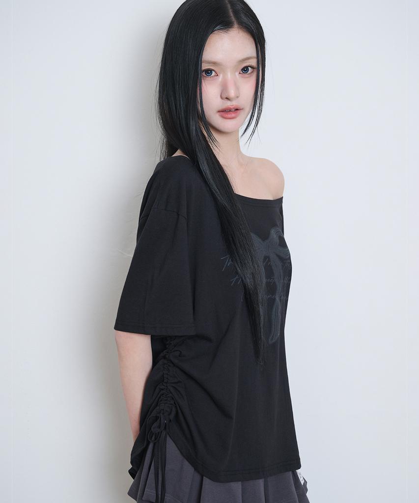 ILLIGO Ribbon Shirred Off-Shoulder T-Shirt Black