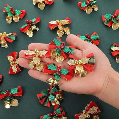 10pcs Christmas Bow with Bells Mini Bowknot Christmas Tree Garland Hanging Ornaments Xmas New Year Party Decorations