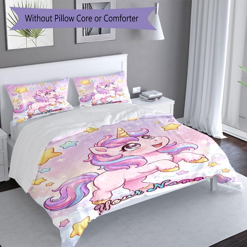 3pcs Custom Name Magical Unicorn Dreams Bedding Set Printed Bedding Set Duvet Cover Closure Includes 1 Duvet Cover & 2 Pillowcases Bedroom Decor