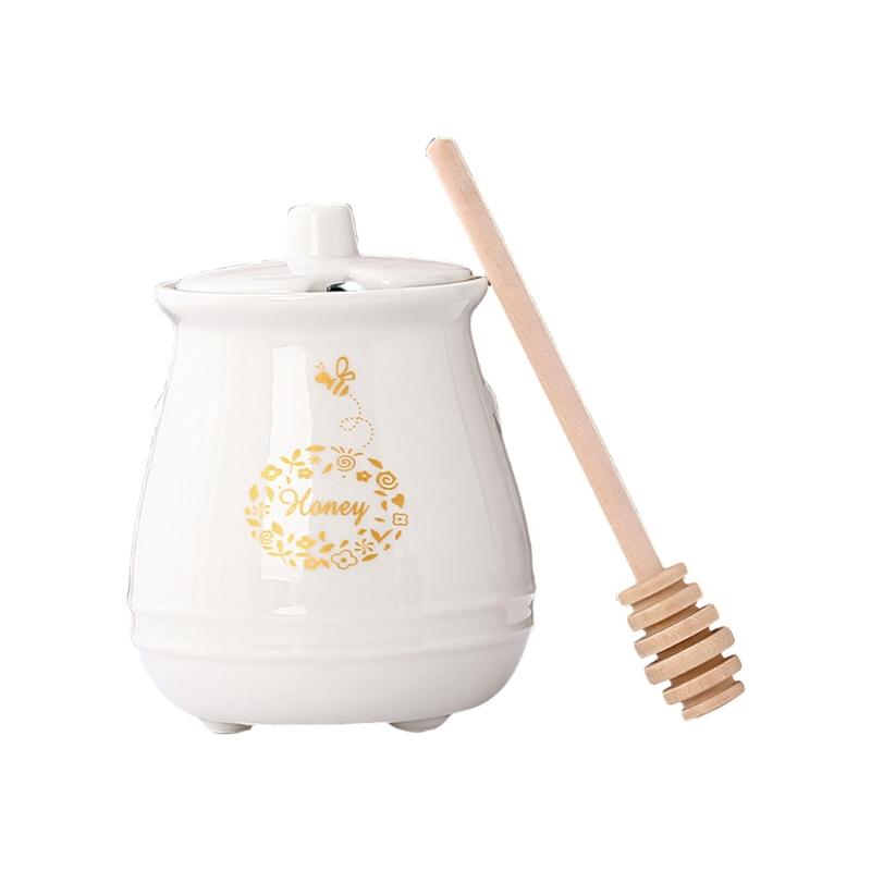 Ceramic Honeys Pot with Lid and Wooden Honeys Dipper Porcelain Honeys Jar Easy to Clean Dishwasher Safe Honeys Dispenser белый