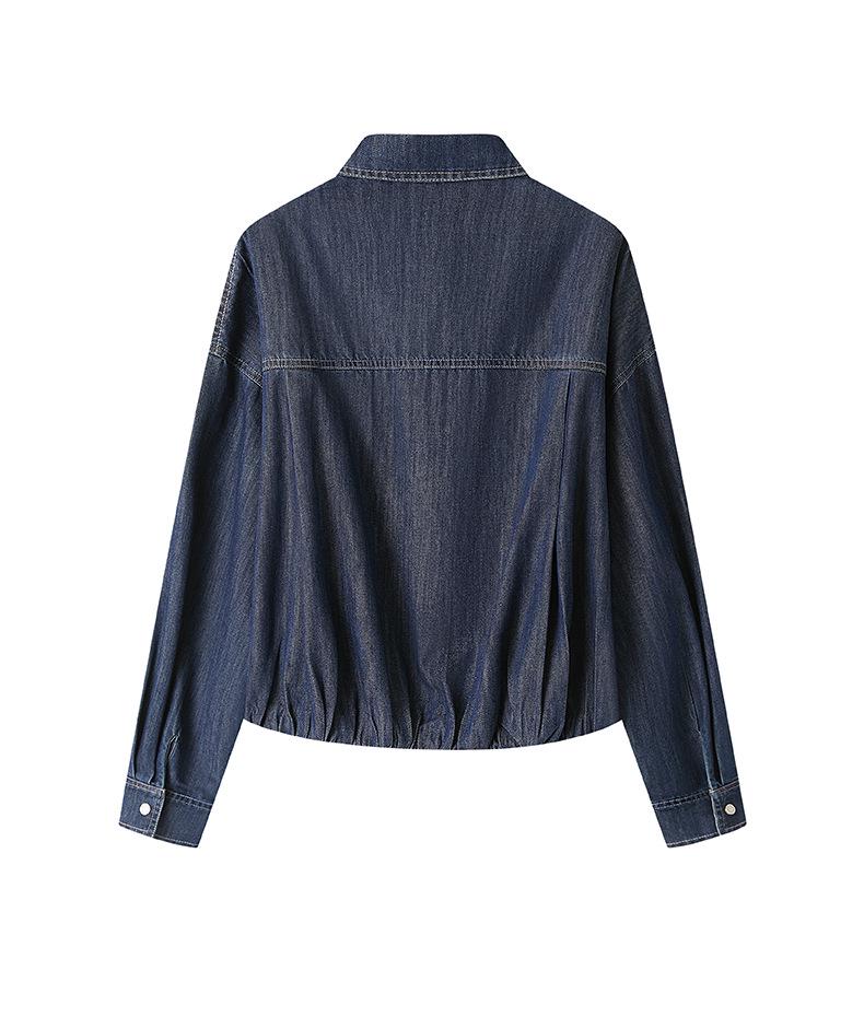 Women's Long Sleeve Denim Blue Shirt Jacket - Spring 2026 Retro British Style with Thickened Lapel