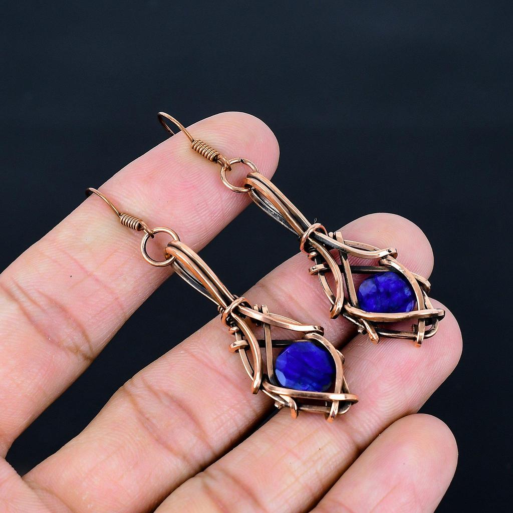 Blue Sapphire Earrings, Handmade Gemstone Earrings, 999 Copper Wire Wrapped Earrings Antique Jewelry, For Engagement Gift