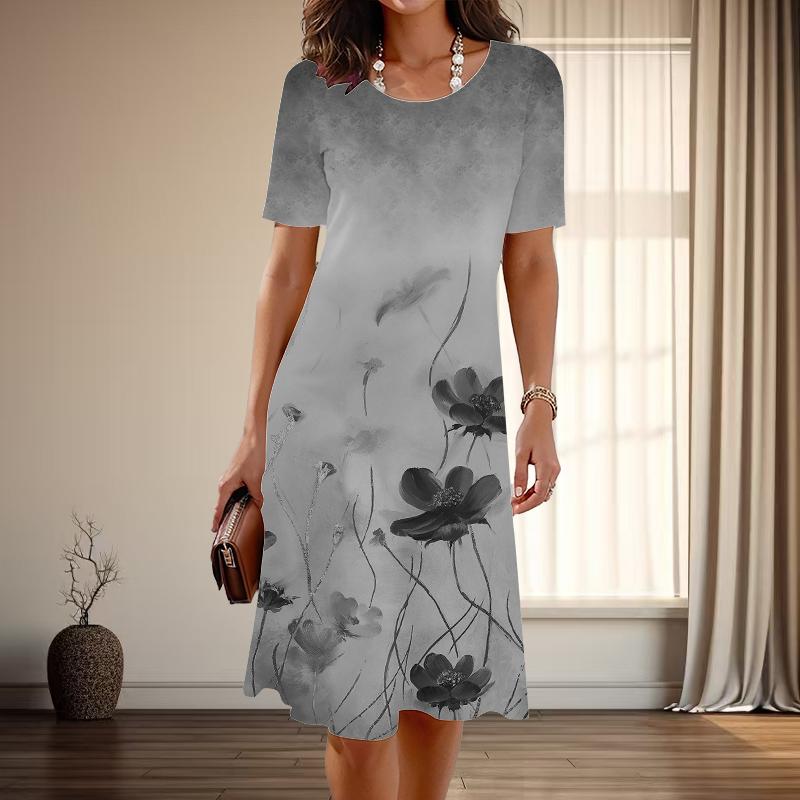 Moda damska Elegancki nadruk lotosu Lato Wiosna Krótki rękaw O-neck Sukienki casualowe