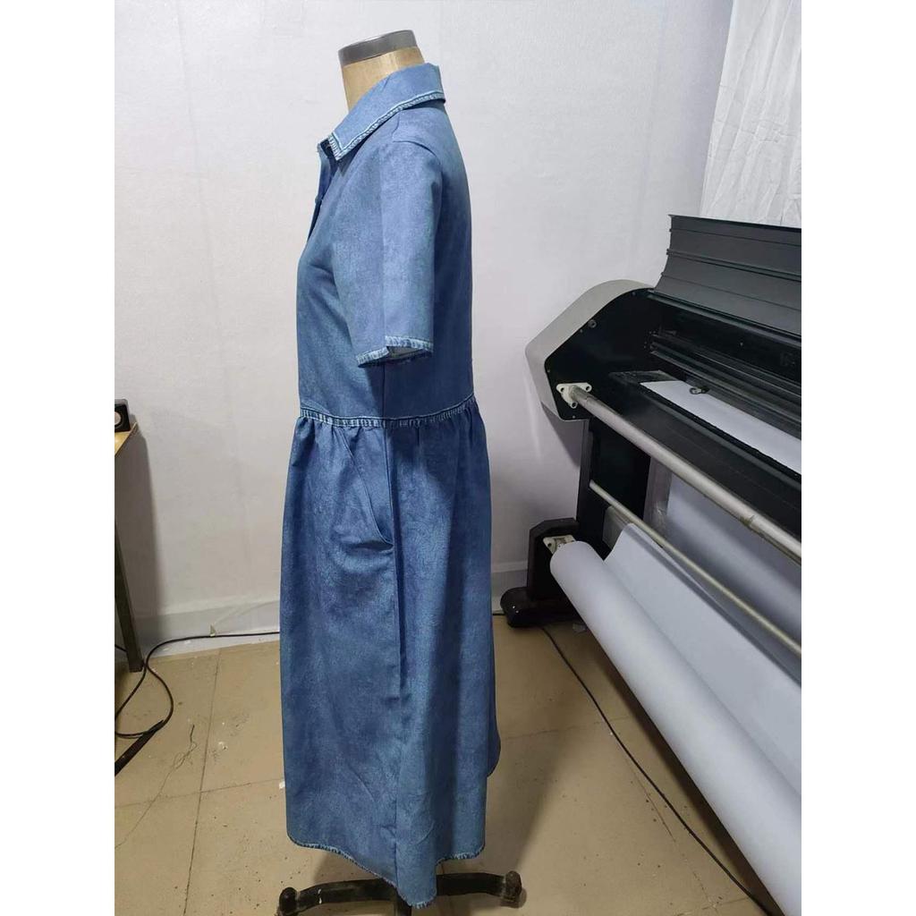 Women's Casual Denim Shirt Dress - Summer Short Sleeve Button-Down Midi Dress with Collar and Pockets, Comfortable Stretchy Jean Dress