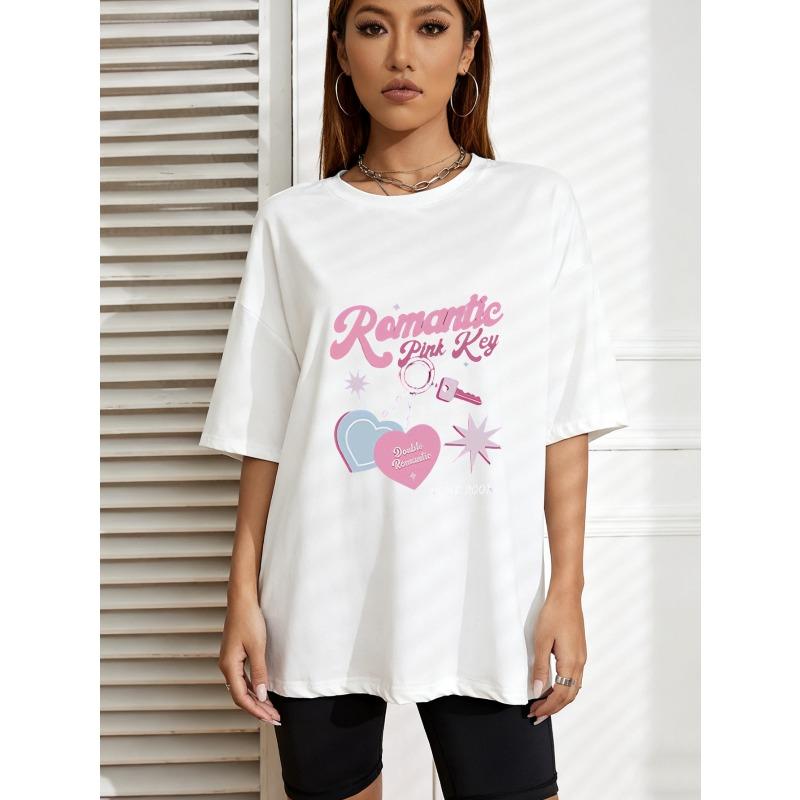 

Romantic Pink Key Oversized T Shirt White Heart And Key Graphic Print For Casual Wear XXXXL белый