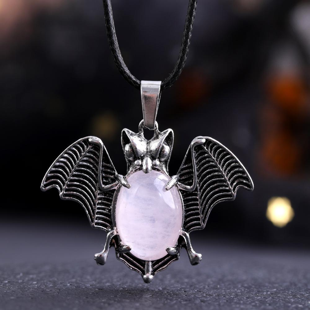 Halloween Crystal Stone Bat Vintage Pendant For Women Necklace Natural Amethyst Rose Quartz Lapis Lazuli Pendant Jewelry Making