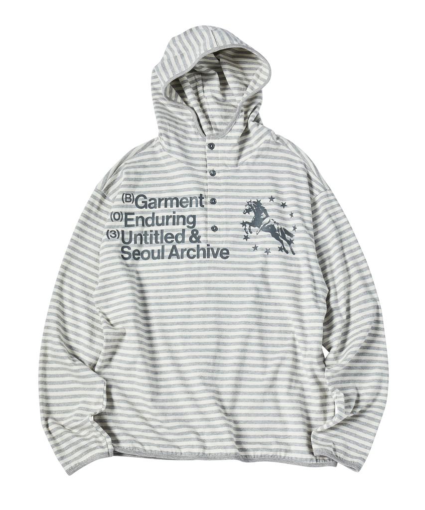 Unicorn Small Stripe Henley Neck Hoodie Melange White