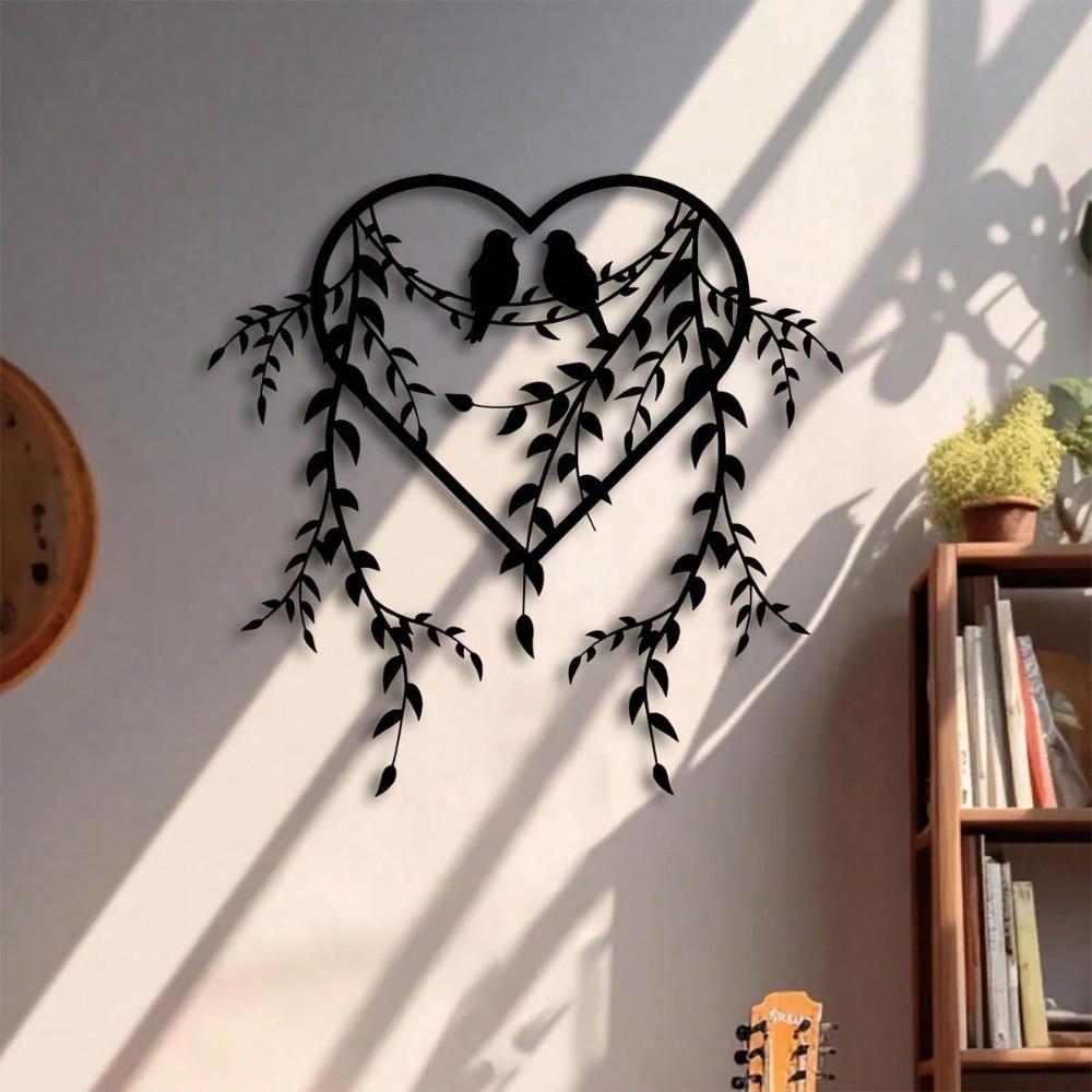 1pc Elegant Bird And Ivy Metal Wall Art - Black Heart Shaped Branch Decor, Suitable For Bedroom, Indoor Outdoor Courtyard