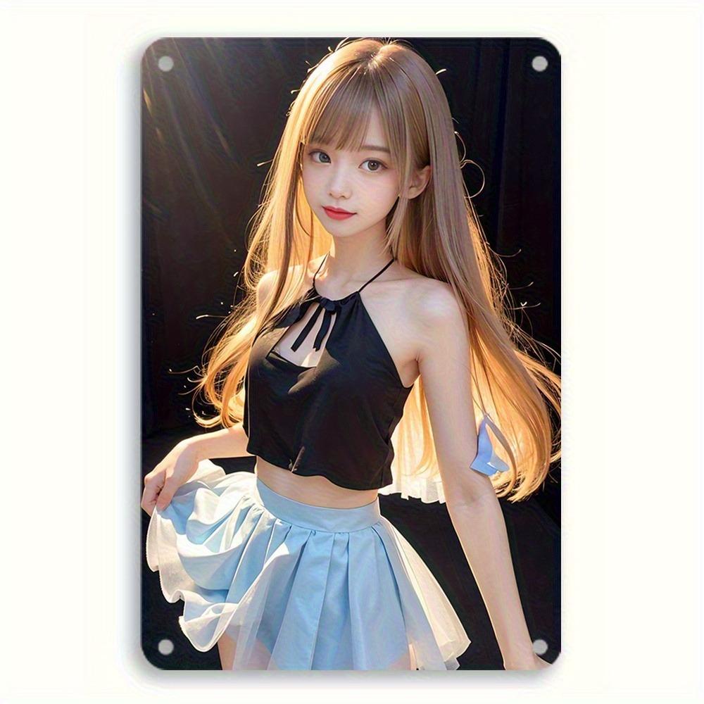 

Vintage Cute Anime Style Girl in Black Halter Crop Top and Light Blue Tulle Skirt Metal Tin Sign Retro Wall Art Decor Plaque f 20x30cm（7.8x11.8inch）