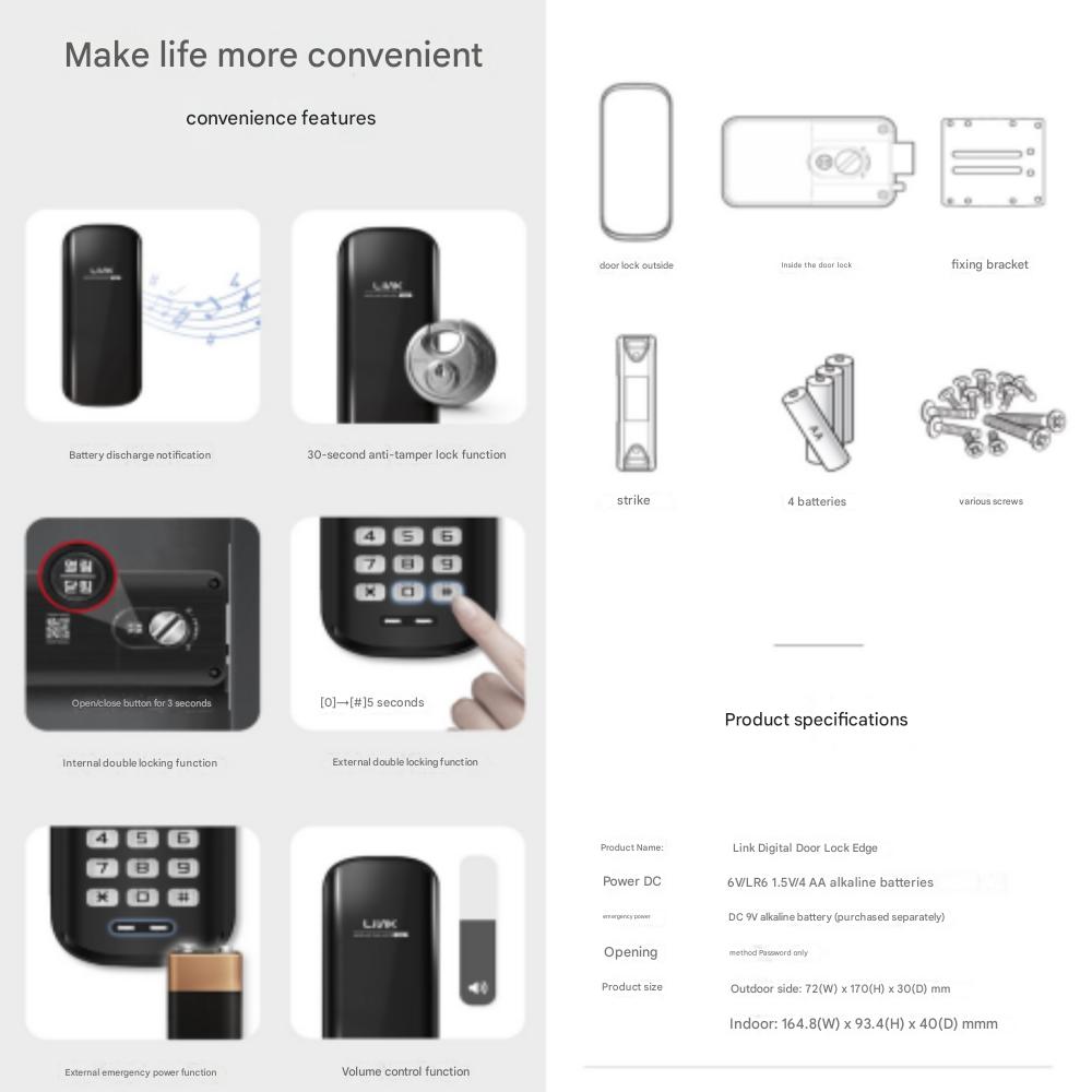 Fechadura Digital de Porta Link, Teclado Numérico de Bloqueio Instantâneo, Autoinstalação, Sem Cartão