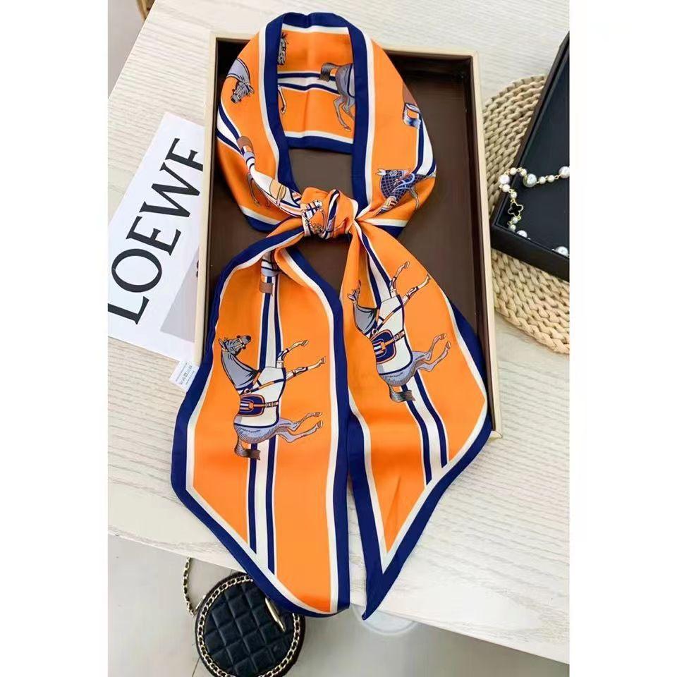 Luxury Design Long Silk Scarf Women Summer Fashion Bag Handle Ribbon Ladies Horse Print Headband Small Hair Scarves Female