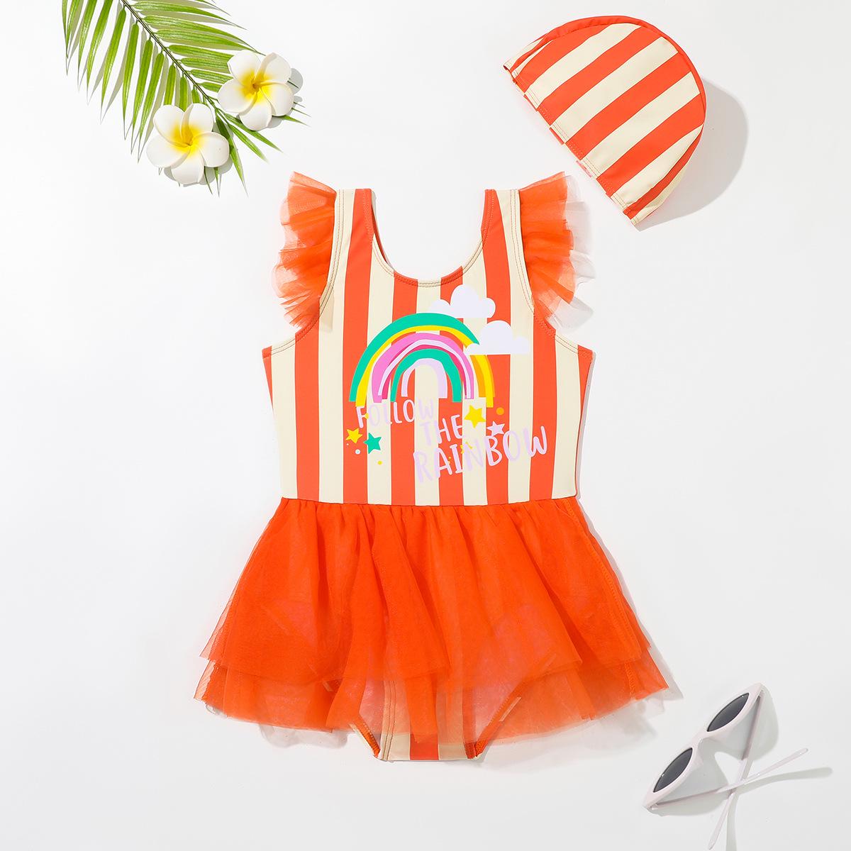 

Комплект полосатого слитного купальника для девочек 2025 года с подтяжками, юбкой и шляпой. 6 Years оранжевый