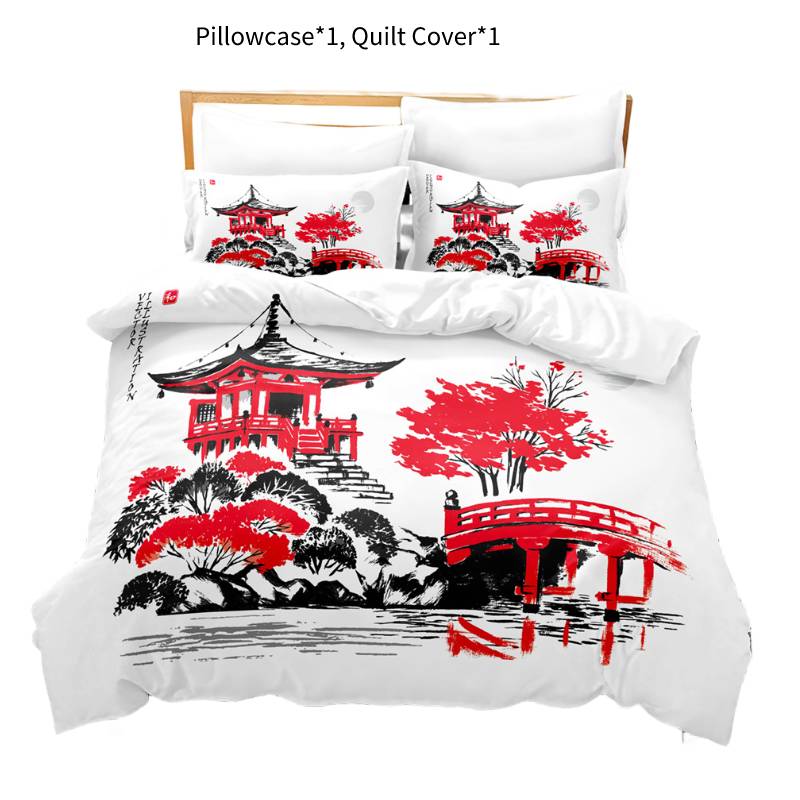 

Chinese Style Ink Painting Digital Printing Bedding Set Pillowcase Quilt Cover Style B,135*200cm/53*79in