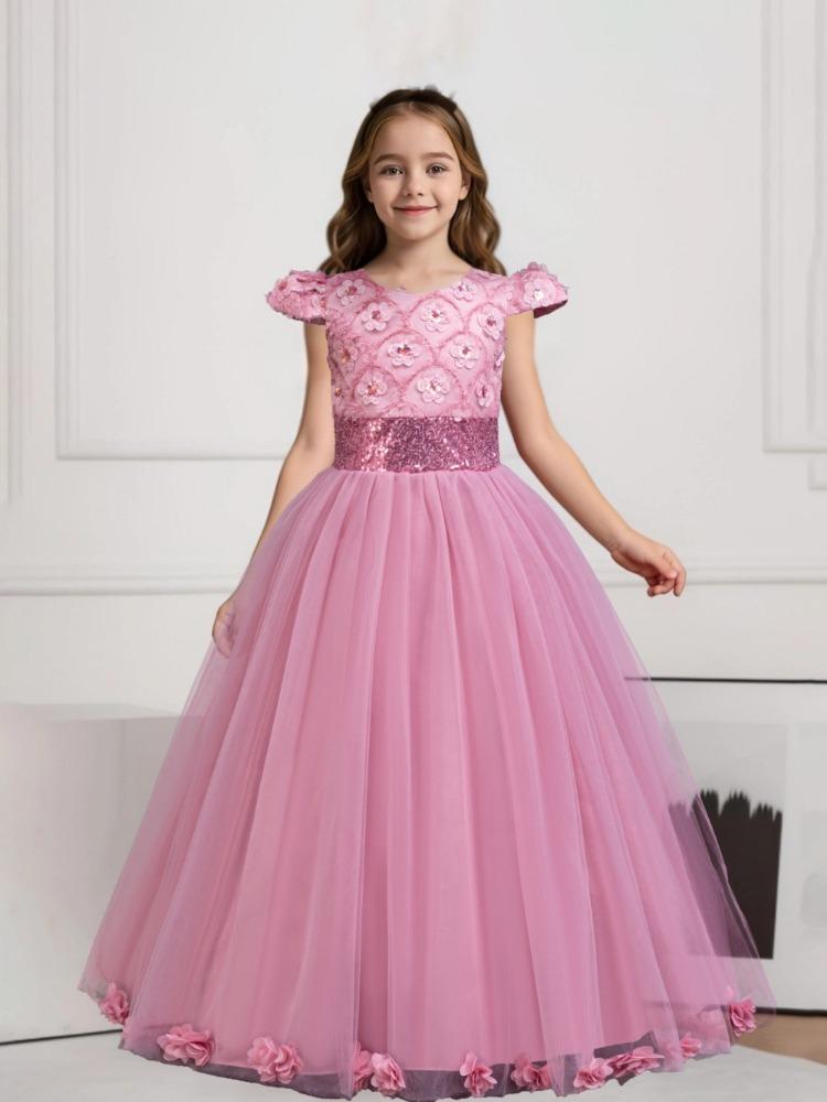 2026 Mädchenkleider Mittelgroße und Große Kinder Puffärmel Pailletten Hochzeit Blumenmädchen Klavieraufführung Prinzessinnenkleider Lang Lieblingskleid des Mädchens