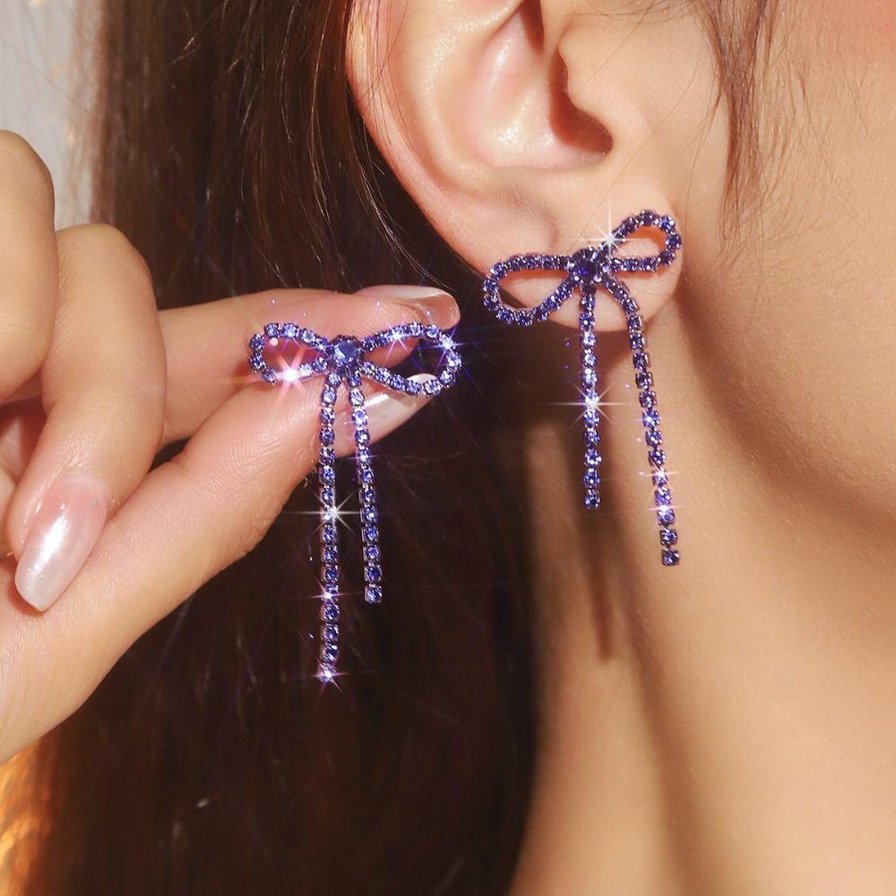 Sparkly Rhinestone Bow Earrings Personalized Bowknot Ear Stud Creative Gift Long Dangle Earrings