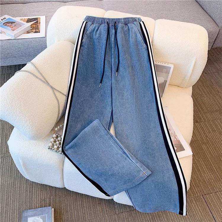Pant Set Women Two Piece Sets Denim Splice Zipper Matching Sets Casual Coats Wide Leg Long Pants Lace Up Elastic Waist