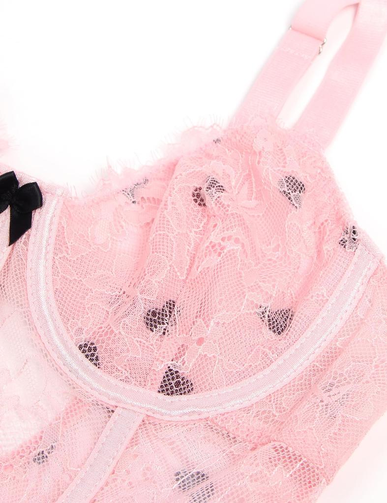Babydoll Cute Sexy Lingerie Set with Wire Large Size Nightgown Heart Decoration Ribbon Backless Lace Bone Underwear Set Inner Dress [ohyeah] T-back
