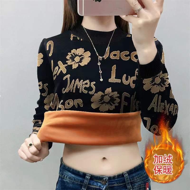 Bottom shirt women's new autumn and winter versatile high-end thin top with printed fashion velvet thickened shirt