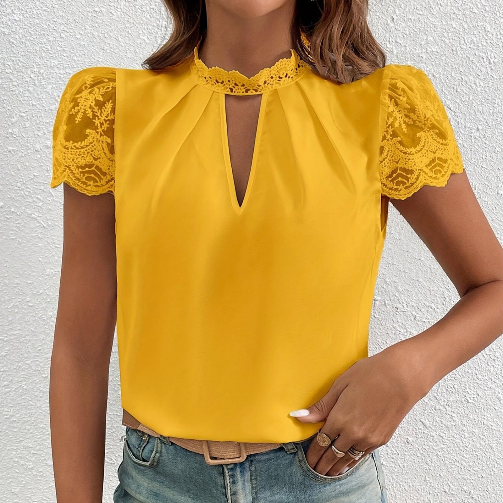 

Женская повседневная мода Свободный дизайн Вышитая сетка с пышными рукавами Замочная скважина Декольте Плиссированные подробные кружева XL жёлтый