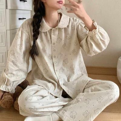 Pajamas Women's Spring Autumn Sleepwear Long Sleeves and Trousers Nightwear Sweet Loose Loungewear Doll Collar Flounce Homewear
