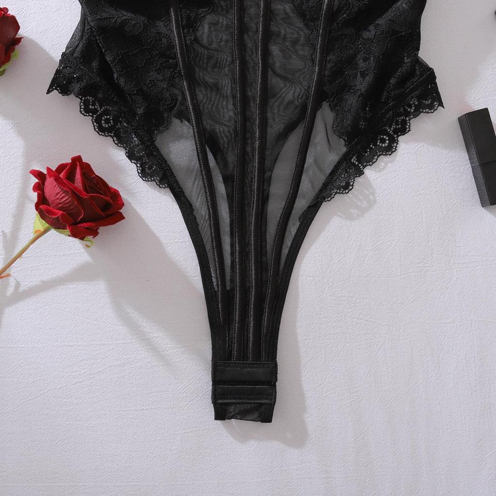 Body Sexy da Donna con Apertura sul Cavallo, Bordi in Pizzo, Body Trasparente Modellante, Senza Ferretto, Push-Up, Vestibilità Slim