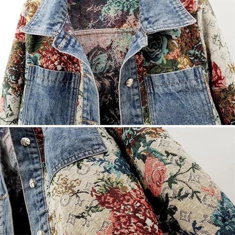 Women's Cowboy Coat Spring Summer Lapel Collar Versatile Ladies Denim Jacket Fashion Printing Splicing Lady Outerwear