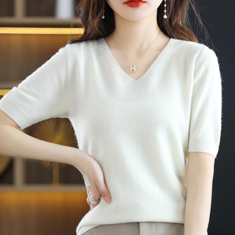Spring Summer Women Sweater Tshirts V-neck Short Sleeve Top Fashion Pullovers Solid Bottoming Shirt Jumper