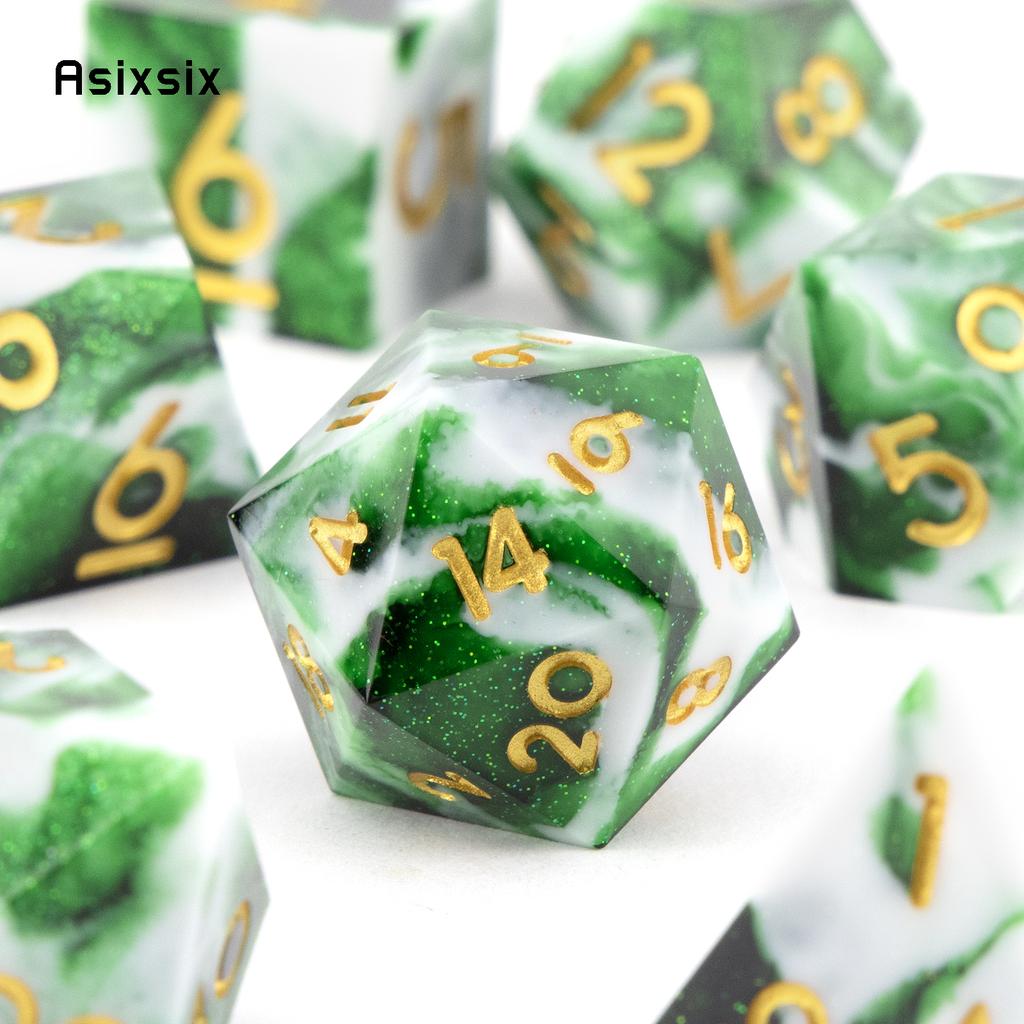 7 Pcs White Green Resin Golden Number Sharp Edge Dice Polyhedral Dice Suitable for Role-Playing RPG DND Pathfinder Board Game