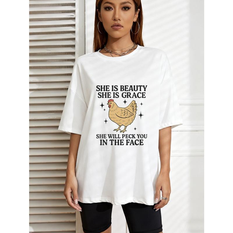 

Women s Oversized T-Shirt White Chicken And Text Print Casual Wear For Everyday Outfits Summer Fashion Street Style Top S белый