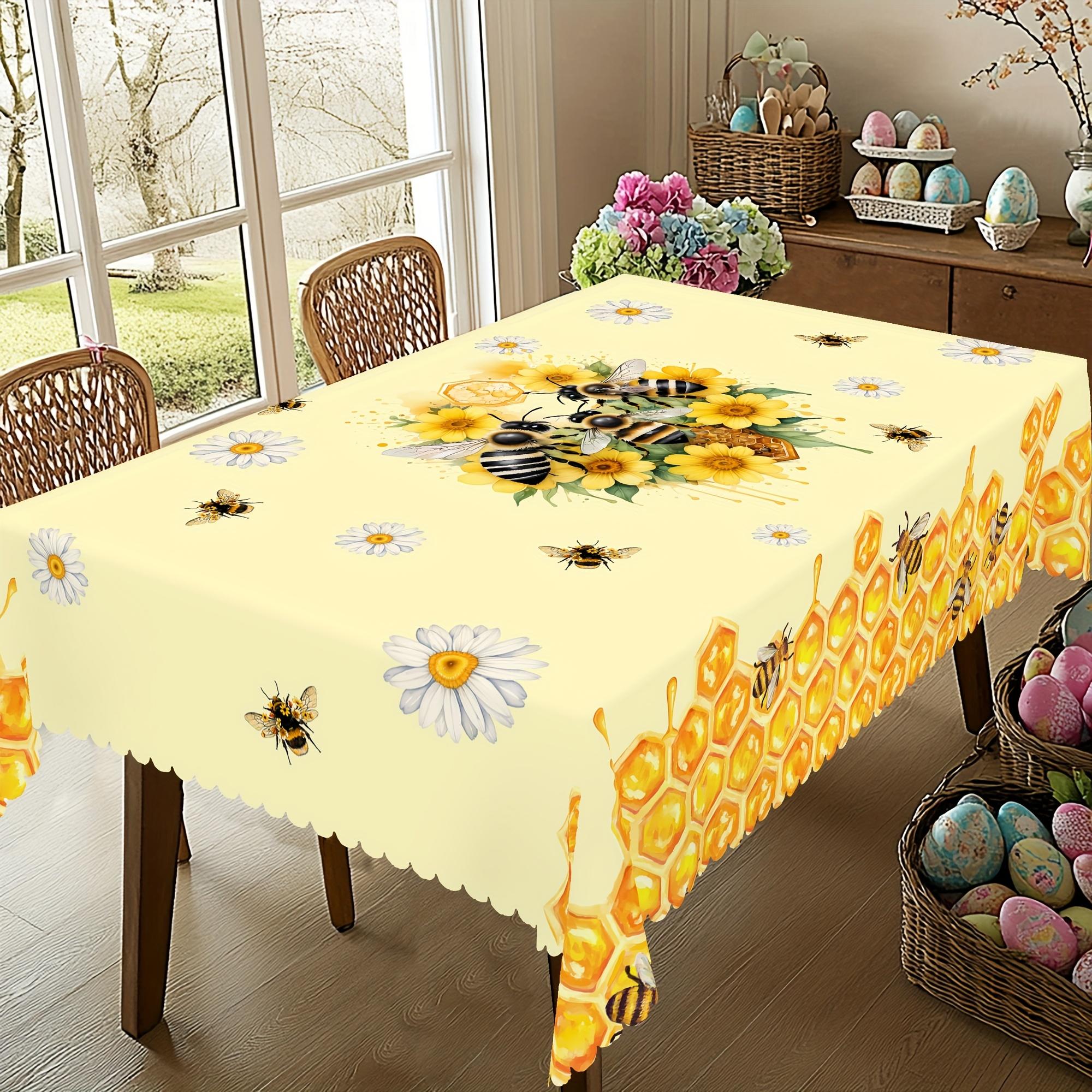 Nappe imprimée Marguerite Abeille Décoration Fête de Mariage Lavable Été Floral Ruche Rectangulaire Housse de Table Décoration Table de Cuisine Salle à Manger 140x180cm