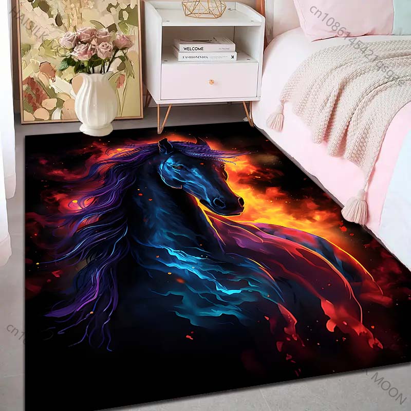 1PC Vibrant black horse with fire Print Carpet Rug for Living Room Bedroom Sofa Doormat Home Decor Non-slip Floor Mat