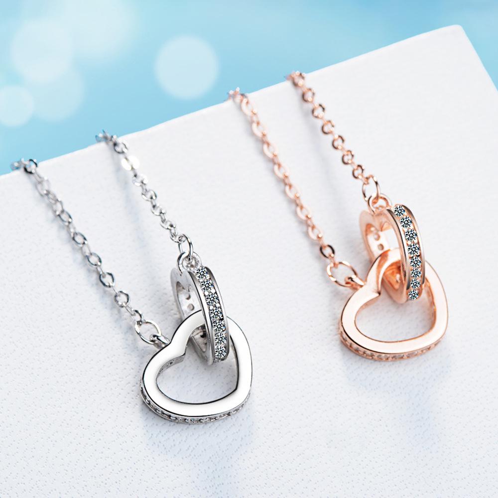 Korean-Japanese Rhinestone Heart Double Ring Necklace - Cute Women's Short Collarbone Chain