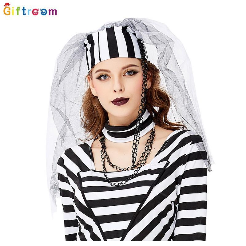 Western Carnival Dress Up Game Gig Play Clothes Witch Mesh Stitching Black and White Striped Dress Suit
