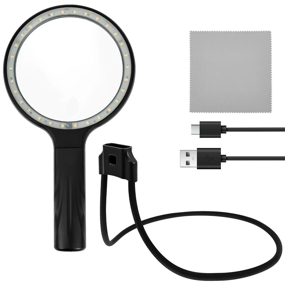 2 In 1 Hands Free Magnifying Glass With 30 Led Lights Portable Handheld & Neck Wear Magnifier For Reading Sewing Handicraft