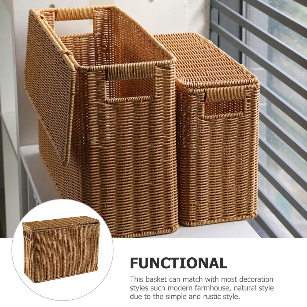 Narrow and Tall Storage Box with Lid Vegetable Basket Weave Sundries Baskets Garbage Bin Toys Organizer Can Weaving Tabletop