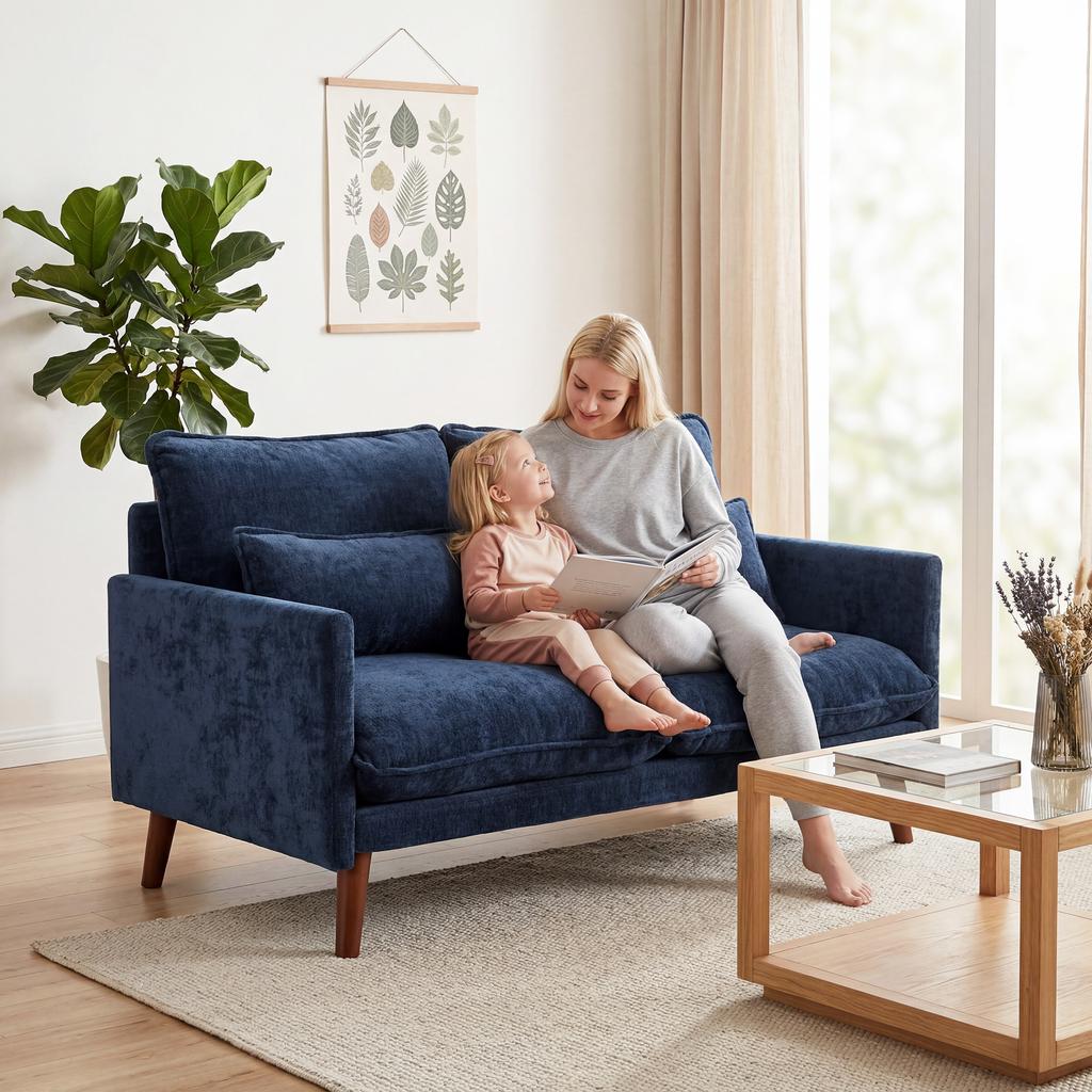 2 Seater Sofa Loveseat Sofa With Spring Cushions Wide And Deep Seat Wood Legs Blue