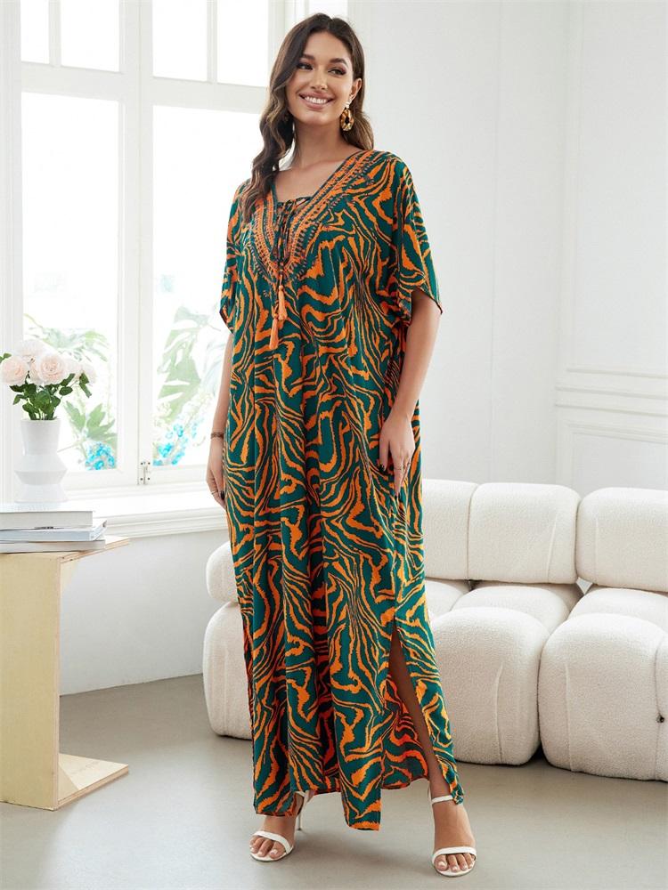 Orange Zebra-Print Locker Kaftan Sexy Strand-Coverups Für Frauen Sommer V-Ausschnitt Quasten Bindeband Seitenschlitz Robe Gemütliches Lässiges Hauskleid