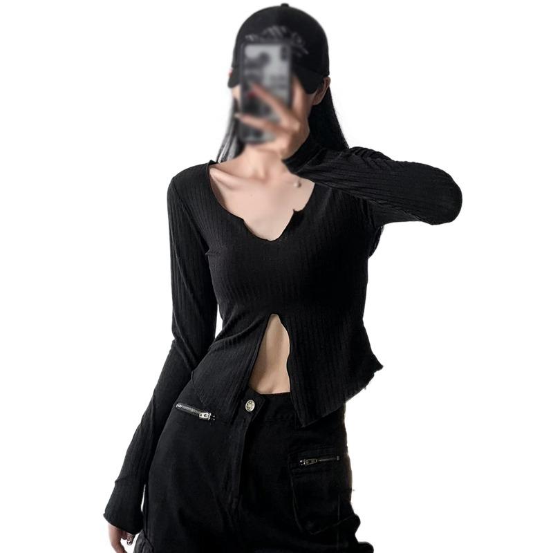 

Женские трикотажные футболки однотонные с V-образным вырезом и длинным рукавом, открывающие живот