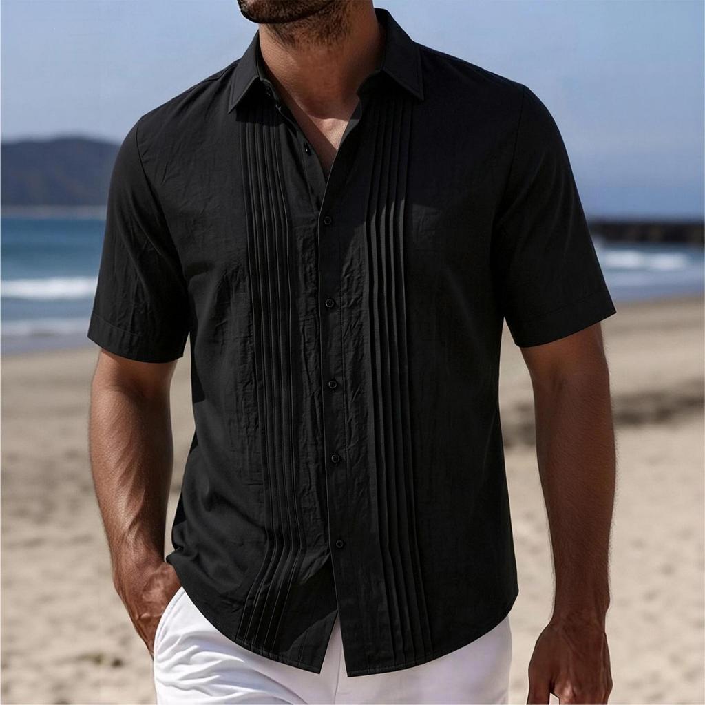 Men's Linen Shirt Short Sleeve Button Front Pleated Casual Summer