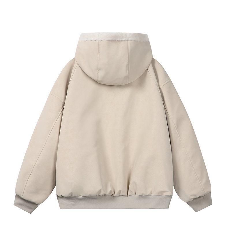 Zuo Shan Diao Winter Leather Jacket with Fur Collar - Couple Style, Plush Velvet, Thickened Cotton, Lychee Pattern