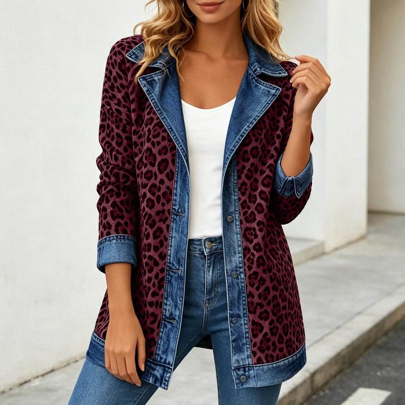 Damen Leopardenmuster Denimjacke Langarm Lockerer Schnitt Lässig Offene Vorderseite Hemdkragen Streetwear Mantel