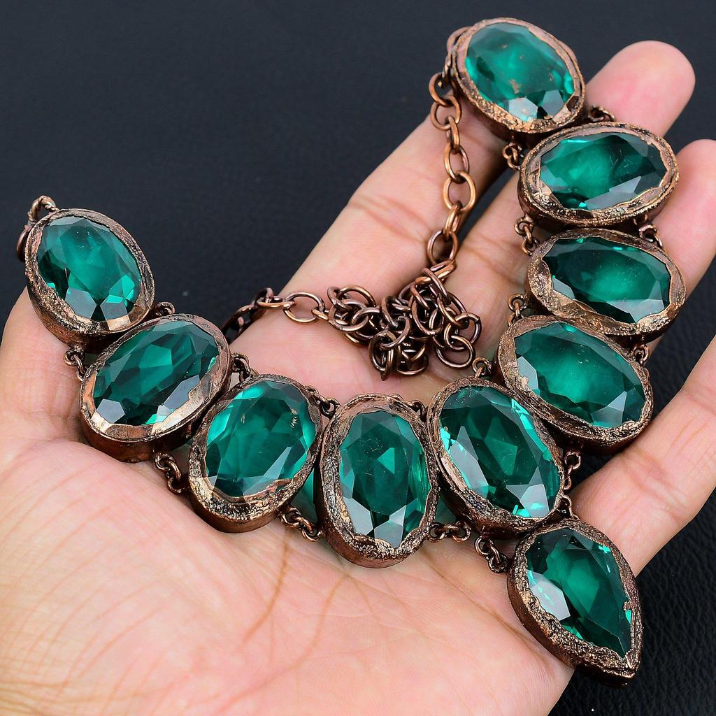 Indicolite Handmade Gemstone Necklace, Copper Electroformed Antique Jewelry Adjustable Chain Necklace, For Engagement Gift