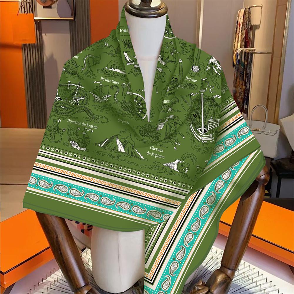 Silk Cashmere Scarf Women Manual Rolled Shawls Horse Square Scarves Wrap Bandana Luxury Brand Hijab Female Foulards 135CM