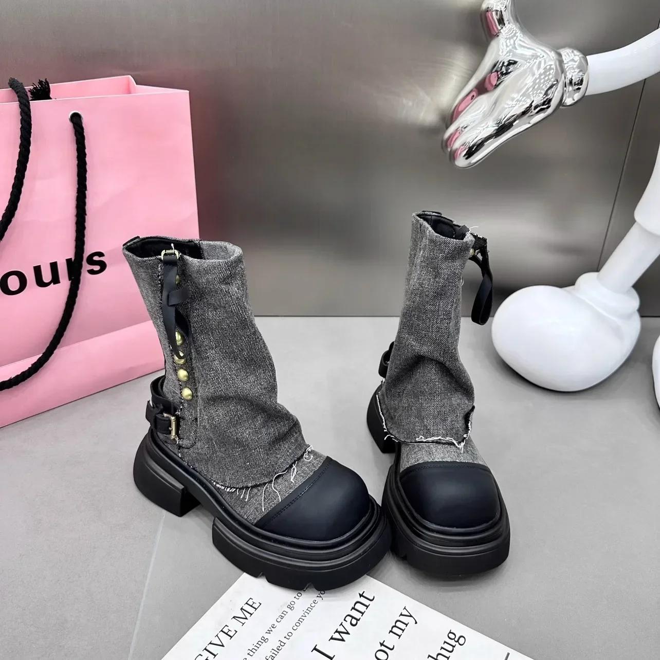 

Жіночі черевики на масивній платформі Модні ботильйони Patckwork Жіночі дизайнерські брючні чоботи з товстим низом Нековзкі ковбойські чоботи 36 чорний колір сірий