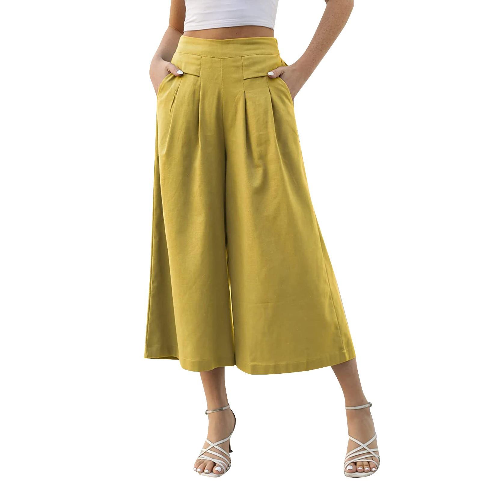 

Жіночі модні універсальні офіційні повсякденні бавовняні лляні укорочені штани з кишенями XL жовтий