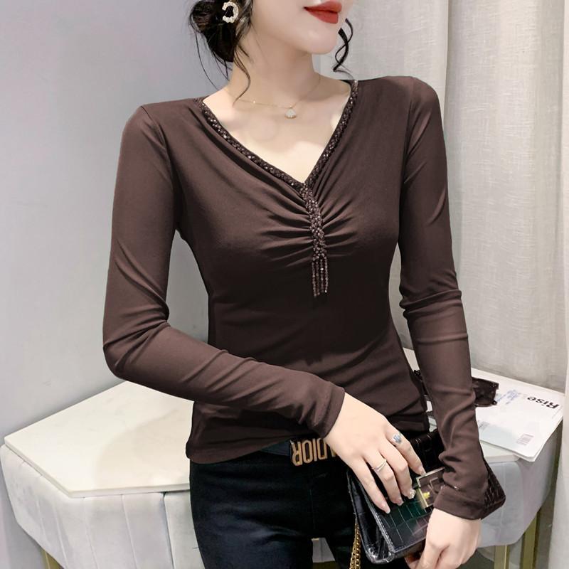 

Женская сексуальная футболка с V-образным вырезом и длинными рукавами, расшитая бисером, плюс бархатный топ, универсальная сетчатая рубашка на осень и зиму 4XL